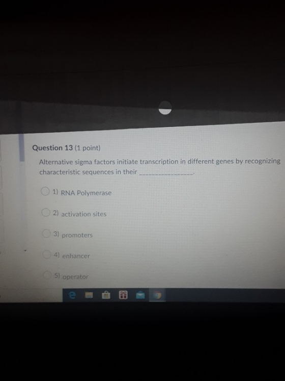 Question 13 (1 point) Alternative sigma factors initiate transcription in different genes by recognizing characteristic seque