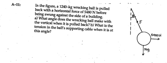 A-11; In the figure, a 1240-kg wrecking ball is pulled back with a horizontal force of 5480 N before being swung against the side of a building. a) What angle does the wrecking ball make with the vertical when it is pulled back? b) What is the tension in the balls supporting cable when it is at this angle? 5480N mg