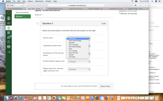 i Safari File Edit View History Bookmarks Window Help 令11 Thu 4:14 PM colostate..nstructure.com Search Flashcards ANEQ 328 E Quiz: LQn8-Canvns C... Season 04 E 21 Hulu (36,678 unread) Attempt due: Feb 16 at 3pm 7 Minutes, 26 Seconds ams 3DD lecture Scason 04 E 22 | Hulu Announcements 9/21/17 Site lyn Ba Question 1 5 pts Friends Support> Match the information on the left with the information on the right. Vesicles move V[Choose ] 300- 500 mm/day dendrite 0.5-2 mm/day 200-400 mm/day , 2013 cytoplasmic proteins move 2-5 mm/day axon terminal neuron cell body functional unit of the neryous system French, Japanese, Korean, , Simplified Traditional Protein synthesis happens here Choose ] Inc following: Voltage gated Ca2+ channels trigger exocytosis here I Choose ] ohal, Tobacco, fanity or Crude rorFear Themes No new data to save. Last checked at 4:13pm Submit Quiz