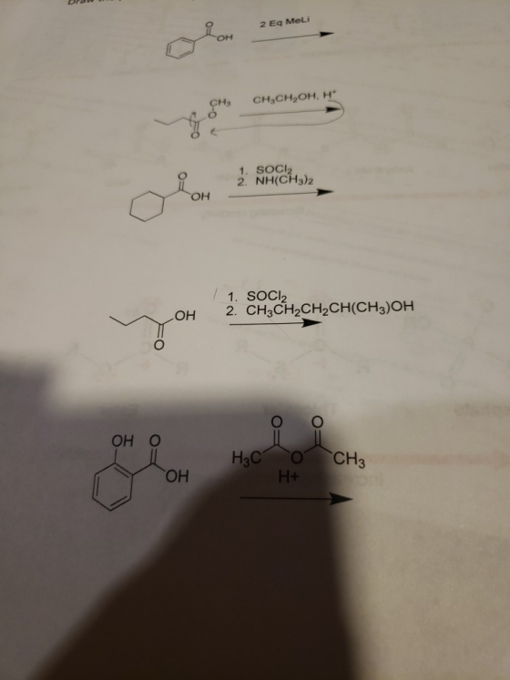 Pro 2 Eq MeLi снасн,он, н* 1. SOCI2 2. NH(CH3)2 OH 1. SOCI, 2. CH3CH2CH2CH(CH3)OH о о Он о H₃ C CH₃ ОН Н+