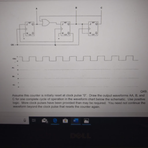 J Q49 Assume this counter is initially reset at clock pulse 0. Draw the output waveforms AA, B, and C for one complete cycl