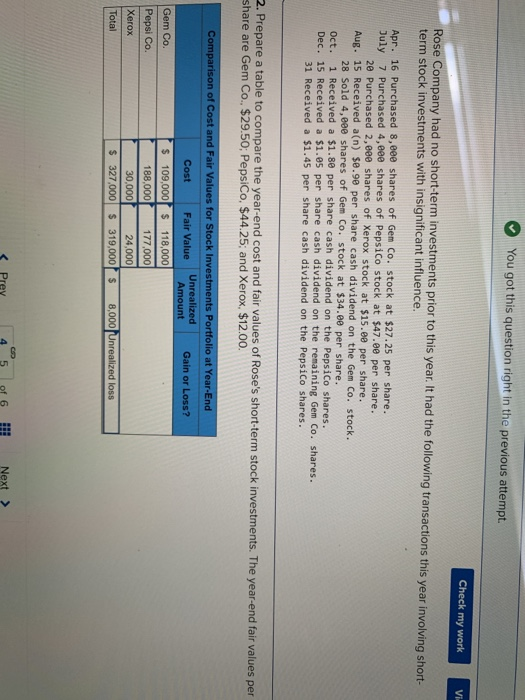 You got this question right in the previous attempt. Check my work Rose Company had no short-term investments prior to this y
