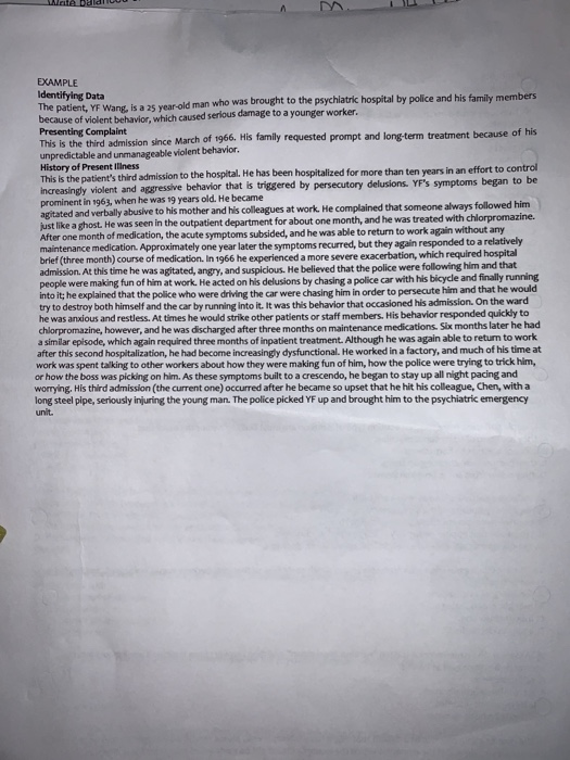 EXAMPLE Identifying Duta The patient, YF Wang, is a 35 year old man who was brought to the psychiatric hospital by police and