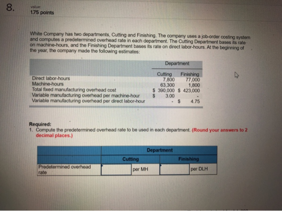 value 1.75 points White Company has two departments, Cutting and Finishing. The company uses a job-order costing system and c