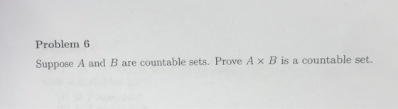 Problem 6 Suppose A and B are countable sets. Prove A × B is a countable set.