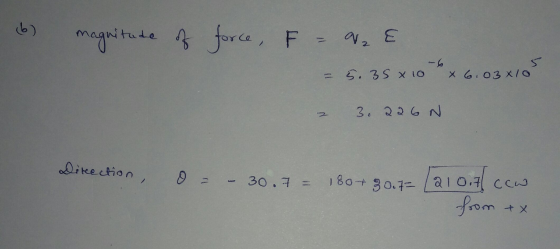 (b) magnitude of force, F = N E = 5.35 x 106 x 6.03x103 2 3.226 N Direction, o = - 30.7 = 180-20.7= 210.7 cc from ex