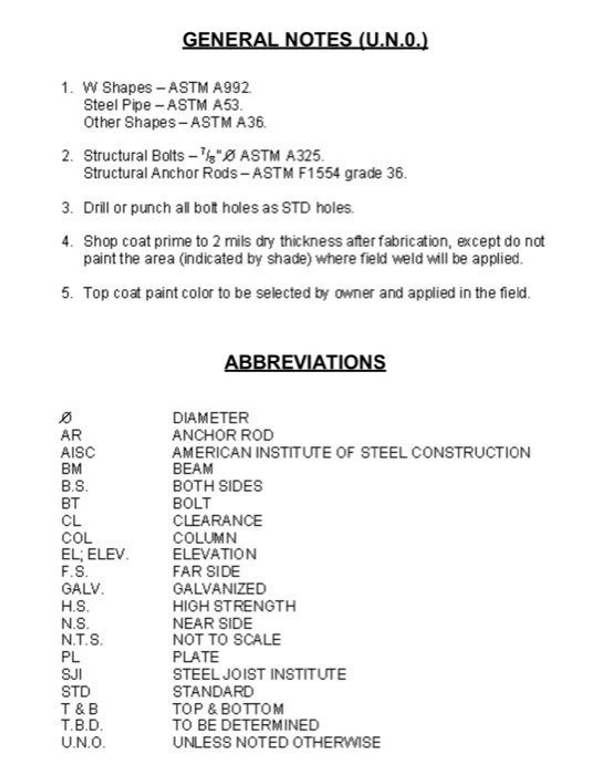 GENERAL NOTES (U.N.O.) 1. W Shapes -ASTM A992 Steel Pipe -ASTM A53. Other Shapes-ASTM A36. 2. Structural Bolts -4- ASTM A325