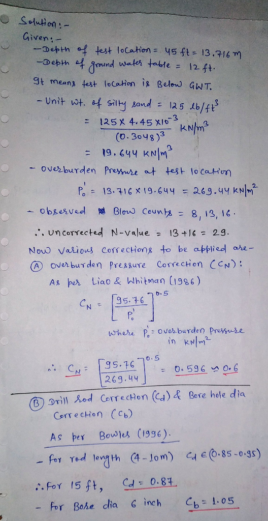 Solution:- Given:- -Depth of test locahion =45 ft = 13.F16 m -Depth f und water table = 12 ft St means test loCation i Below