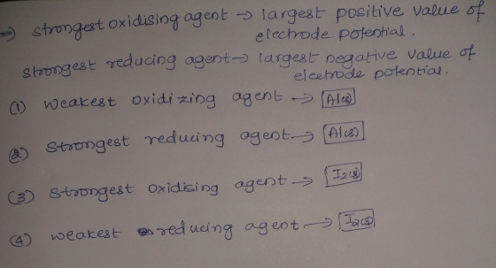 strongest oxidising agent > largest positive value of electrode potential. strongest reducing agent largest negative value of