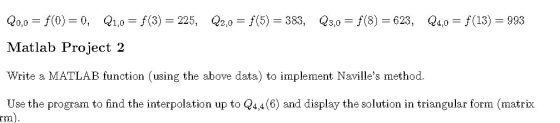 Q0,0 = f(0) = 0, Q1,0 = f(3) = 225, Q2,0 = f(5) = 383, Q3,0 = $(8) = 623, 24,0 = f(13) = 993 Matlab Project 2 Write a MATLAB