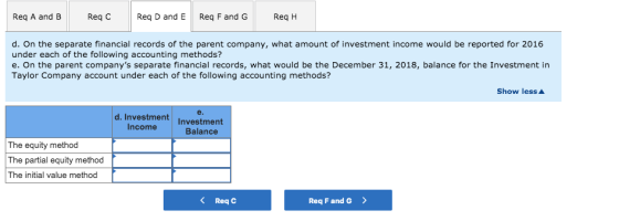 Req A and B Reqc Reg D and E Req F and G ReqH d. On the separate financial records of the parent company, what amount of inve