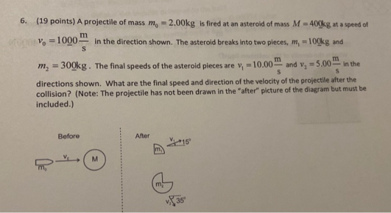 S m 6. (19 points) A projectile of mass m= 2.00kg is fired at an asteroid of mass M = 400kg at a speed of vo = 1000 in the di