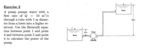Exercise 3 A pump pumps water with a flow rate of Q = 10 m /s through a tube with 1 m diame- ter from a lower into a higher r