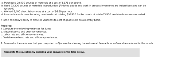 a. Purchased 28,400 pounds of materials at a cost of $2.75 per pound. b. Used 23,200 pounds of materials in production. (Fini