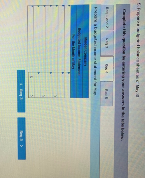 5. Prepare a budgeted balance sheet as of May 31. Complete this question by entering your answers in the tabs below. Req 1 an
