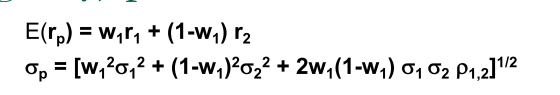 E(rp) = wira + (1-w1) r2 Op = [W,20,2 + (1-w.)?022 + 2w,(1-wa) 01 02 P1,2]12