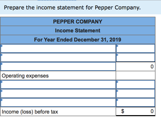 Prepare the income statement for Pepper Company. PEPPER COMPANY Income Statement For Year Ended December 31, 2019 0 Operating