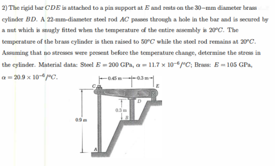 2) The rigid bar CDE is attached to a pin support at E and rests on the 30-mm diameter brass cylinder BD. A 22-mm-diameter st
