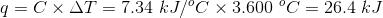 q = C x ST = 7,34 kJC x 3.600 °C = 26.4 iJ