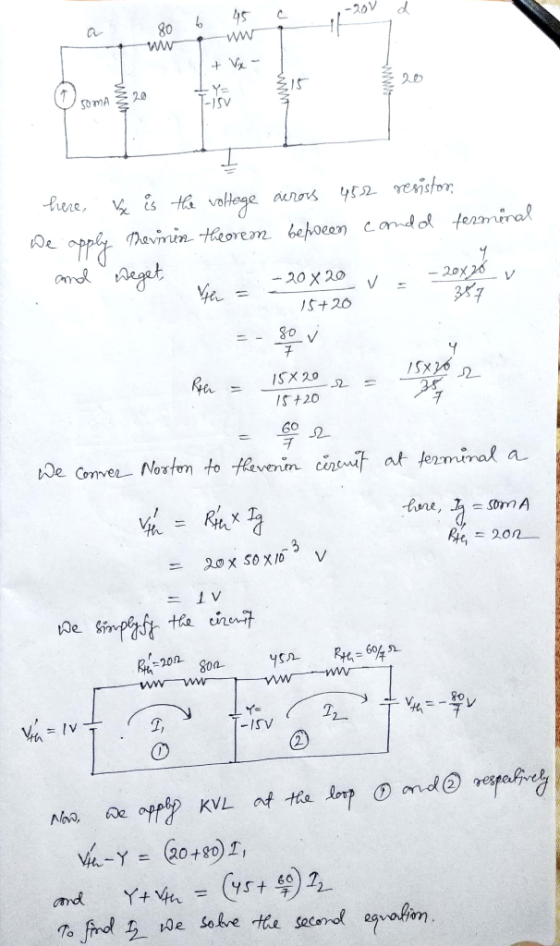 с 6 80 45 www ww + V- 20 215 20 Y WWW 50 mA here, apply x is the voltage across 452 resiston, Thevinin theorem befween condol