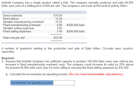 Andretti Company has a single product called a Dak. The company normally produces and sells 84,000 Daks each year at a sellin