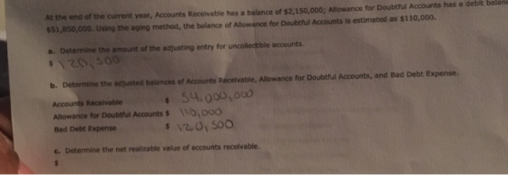 At the end of the current year, Accounts Receivable has a balance of $2,150,000; Allowance for Doubtful Accounts has a debit