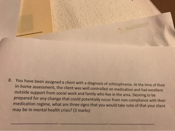 8. You have been assigned a client with a diagnosis of schizophrenia. At the time of their in-home assessment, the client was