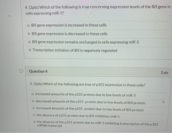 4. (2pts) Which of the following is true concerning expression levels of the BIS gene in cells expressing miR-5? BIS gene exp