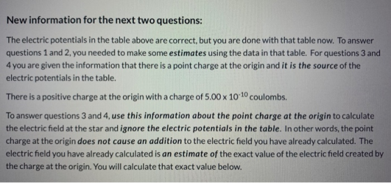 New information for the next two questions: The electric potentials in the table above are correct, but you are done with tha
