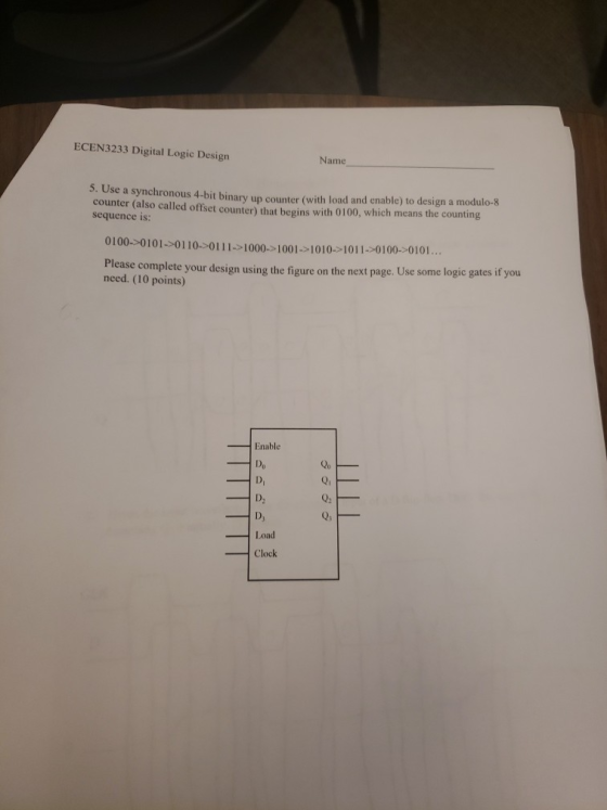 ECEN3233 Digital Logic Design Name 3. Use a synchronous 4-bit binary up counter (with load and enable) to design a modulo-8 c