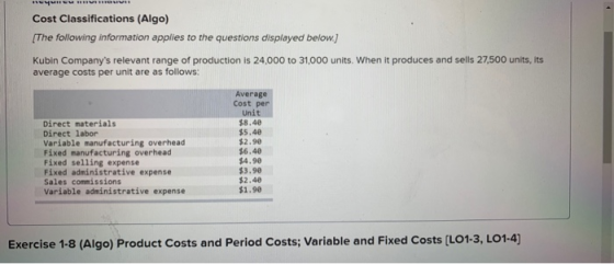 HUYE Cost Classifications (Algo) [The following information applies to the questions displayed below.) Kubin Companys releva