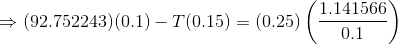 \Rightarrow (92.752243)(0.1) - T(0.15)= (0.25)\left ( \frac{1.141566}{0.1} \right )