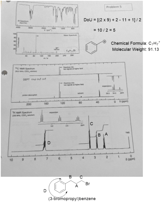 Problem 5 DoU [(2 x 9) 2-11 + 1] / 2 IR Soectrum 4000 3000 2000 1800 1200 B00 10/2 5 Mess Specium Chemical Formula: C7H7* 120