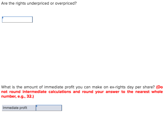 Are the rights underpriced or overpriced? What is the amount of immediate profit you can make on ex-rights day per share? (Do