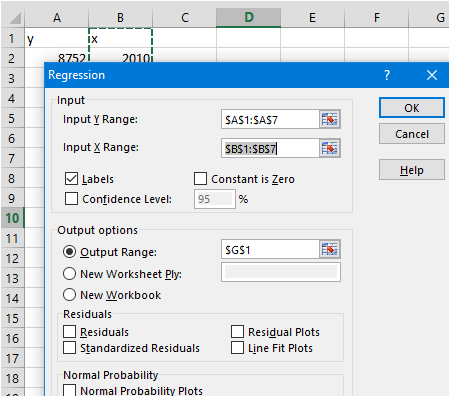 А B с D E F G 1 Y IX 2 3 ? X 87521 20101 Regression Input Input Y Range: 4 OK 5 SA$1:SAS7 TO 6 Cancel Input X Range: SBS1:SBS