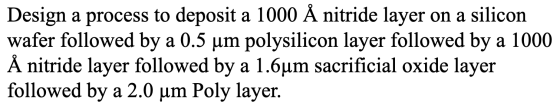 Design a process to deposit a 1000 A nitride layer on a silicon wafer followed by a 0.5 um polysilicon layer followed by a 10