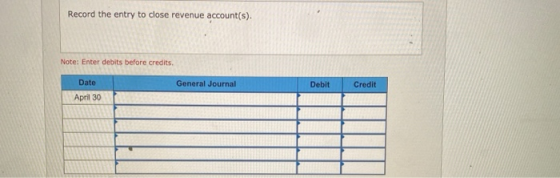 Record the entry to close revenue account(s). Note: Enter debits before credits Date General Journal Debit Credit April 30