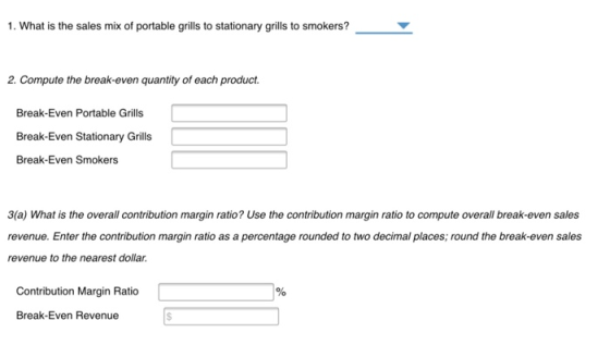 1. What is the sales mix of portable grills to stationary grills to smokers? 2. Compute the break-even quantity of each produ