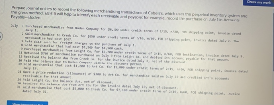 Check my work Prepare journal entries to record the following merchandising transactions of Cabelas, which uses the perpetua