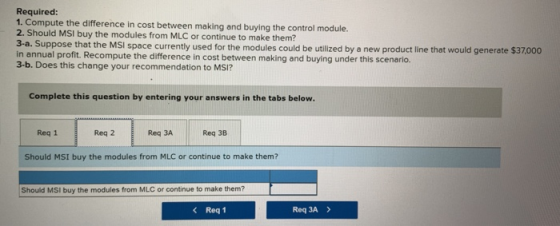 Required: 1. Compute the difference in cost between making and buying the control module. 2. Should MSI buy the modules from