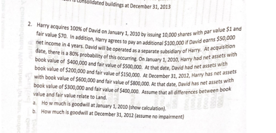 2. Harry acquires 100% of David on January 1, 2010 by issuing 10,000 shares with par value $1 and fair value $70. In addition