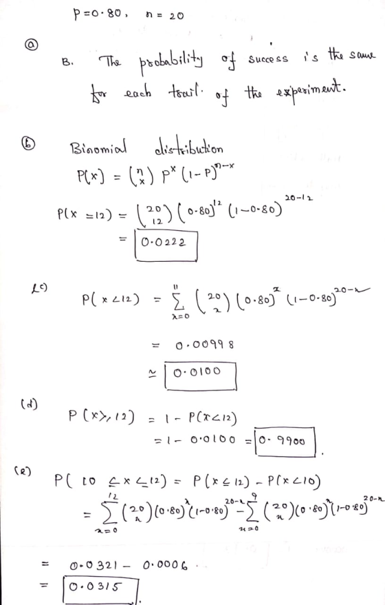 P =0 80, n 20 pradabslityof Roch torul sthe sau The Succe ss В. 9the Binomial lihibuckon Px)= -P 20-12 200-80) 10-80) Plx 12)