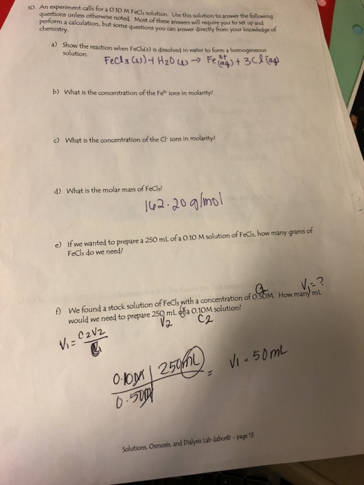 10. An experiment calls for a 0.10 M Foch slut bes questions unless otherwise noted. Most of th perform a calculation, but so