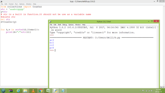 b.py-C:/Users/delll/b.py (3.6.2) File Edit Format Run Options Window Help from collections import Counter str=aaabccpppp y-