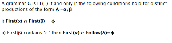 A grammar G is LL(1) if and only if the folowing conditions hold for distinct productions of the form A α/β i) First(α) First(B) φ ii) First(B) contains , E, then First(α) n Follow(A) φ