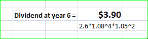 Dividend at year 6= $3.90 2.6*1.08^4*1.05A2