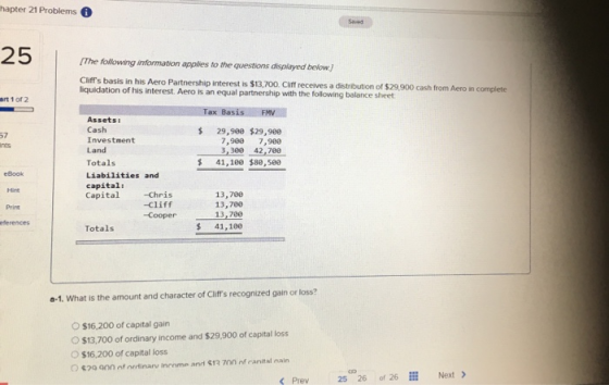 hapter 21 Problems Saved 25 [The following information applies to the questions displayed below Cliffs basis in his Aero Par