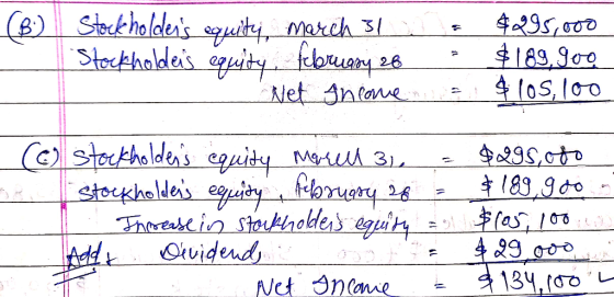(B) Stockholders equity march 31 | Stockholdeis equity. february 26 Net Income $295,000 $189.900 $105, 100 o stockholdens eq