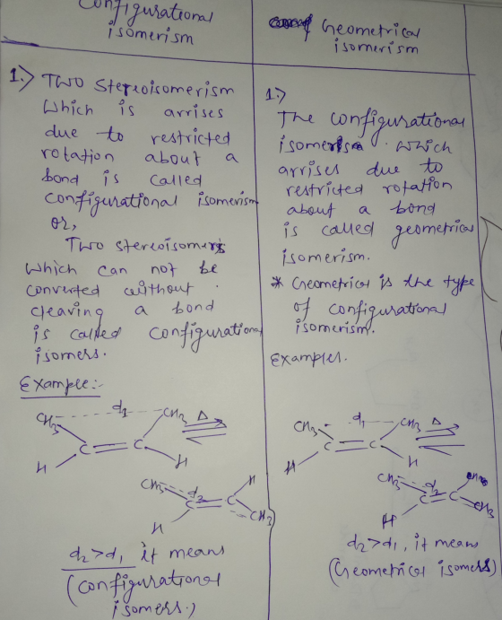 Configurational isomerism a Geometrical isomerism 1.) Two Stereoisomerism which is arrises I due to restricted rotation about