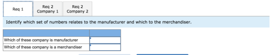 Req 2 Company 1 Req 2 Company 2 Req 1 Identify which set of numbers relates to the manufacturer and which to the merchandiser